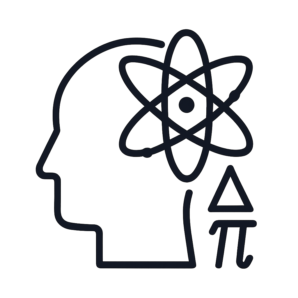 An atom within a human head with pi math symbols.